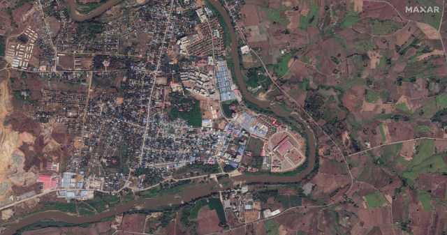 A satellite image of a Myanmar scamming compound