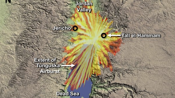 A comparison of how a cosmic fireball similar to a 1908 Siberia one would have covered the Dead Sea area.