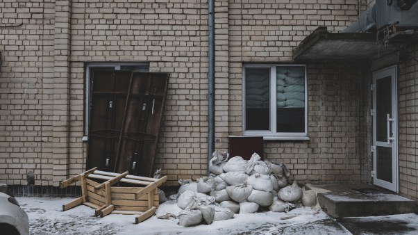 Sandbags in the windows of a Kherson church.