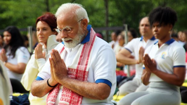 Narendra Modi, prime minister of India, practices yoga with hundreds of people at the United Nations to mark the International Day of Yoga on June 21, 2023.