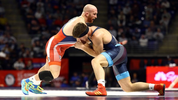 Kyle Snyder, left, wrestles at the US Olympic Wrestling Trials in April.