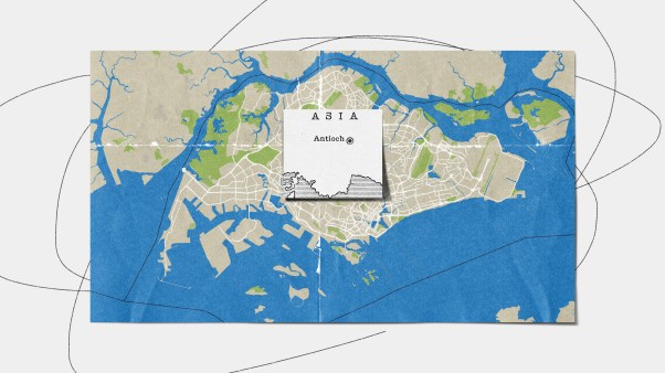 A map of Singapore with a square paper of Antioch put on top of it with black scribbles in the cream background