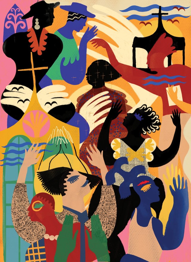 A painting of people and a church