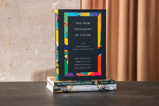 Photograph of "the new testament in color" book on a stack of books against a half concrete wall half orange curtain