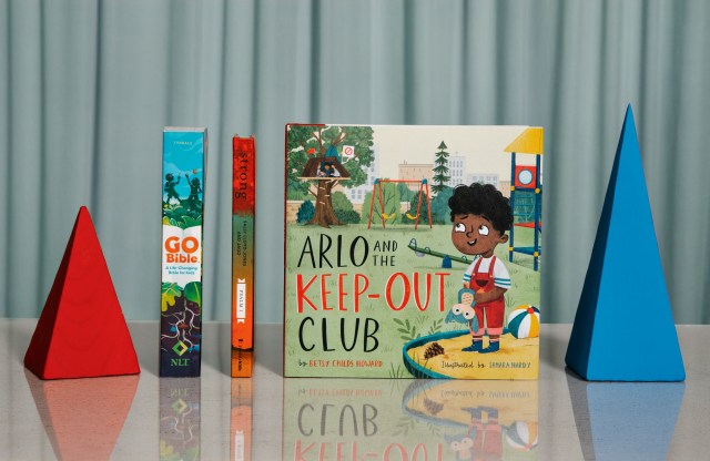 Photograph of "Arlo and the Keep-out club" book with toy and books beside it against a blue background
