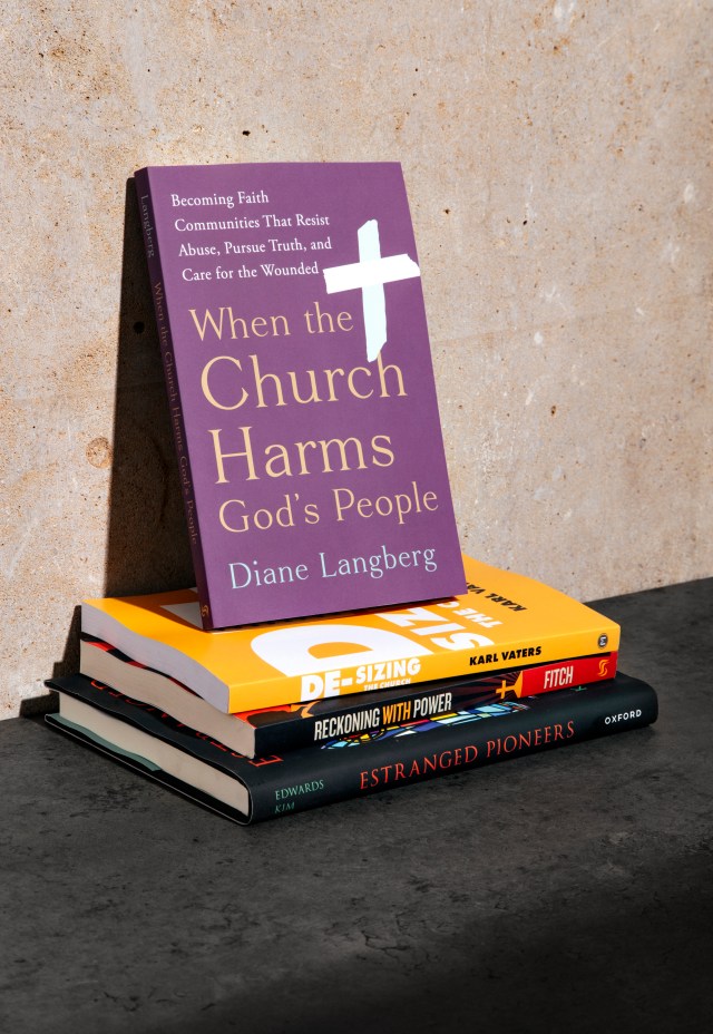 Photograph of "when the church harms god's people" book on a stack of books leaning against a concrete wall