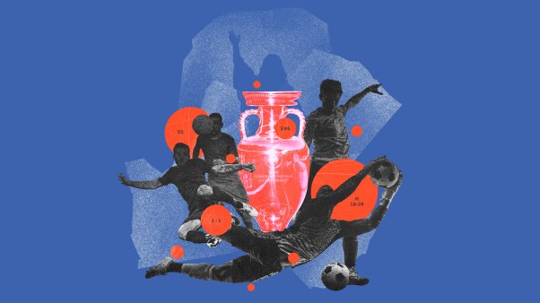 Soccer players around a trophy