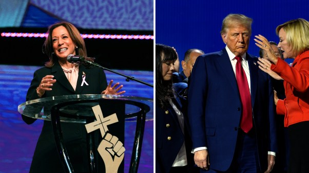 Kamal Harris speaking at a church on the left side and Donald Trump being prayed over at a church on the right
