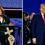 Kamal Harris speaking at a church on the left side and Donald Trump being prayed over at a church on the right