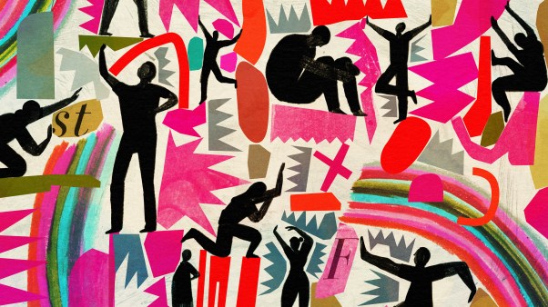 A pattern with people and different colorful shapes.