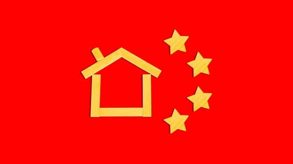 A yellow house and four yellow stars on a red background.