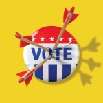 A vote pin cracking with three arrows stuck into it on a yellow background.