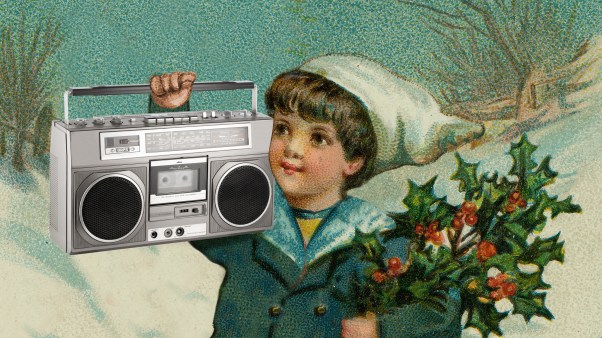 A boy carrying holly and a boombox
