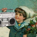 A boy carrying holly and a boombox