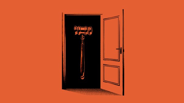 A door on an orange background opening to reveal a gavel.