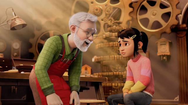Animated screenshot of an older man crouching to speak with a girl.