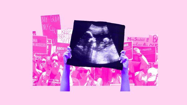 Pink and purple collage of pro-life vs pro-choice protests