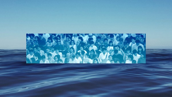 A group of Filipino people in a rectangle on an ocean background.