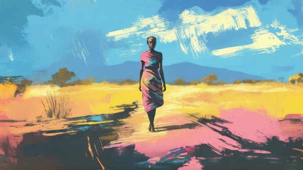 An African woman walking in the desert