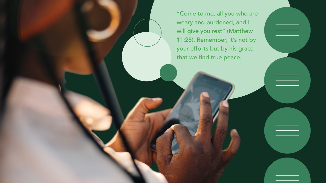 A woman receiving a text message with a scripture passage.