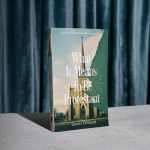 A photo of Gavin Ortlund's book on a blue curtain background