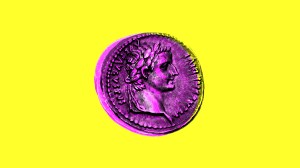 A Roman coin showing Caesar on a yellow background.