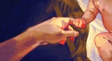 An illustration depicting the hands of baby Jesus in the manger, gently grasping his mother's finger.