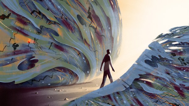 A man strides forward, gazing ahead towards a brilliant light.