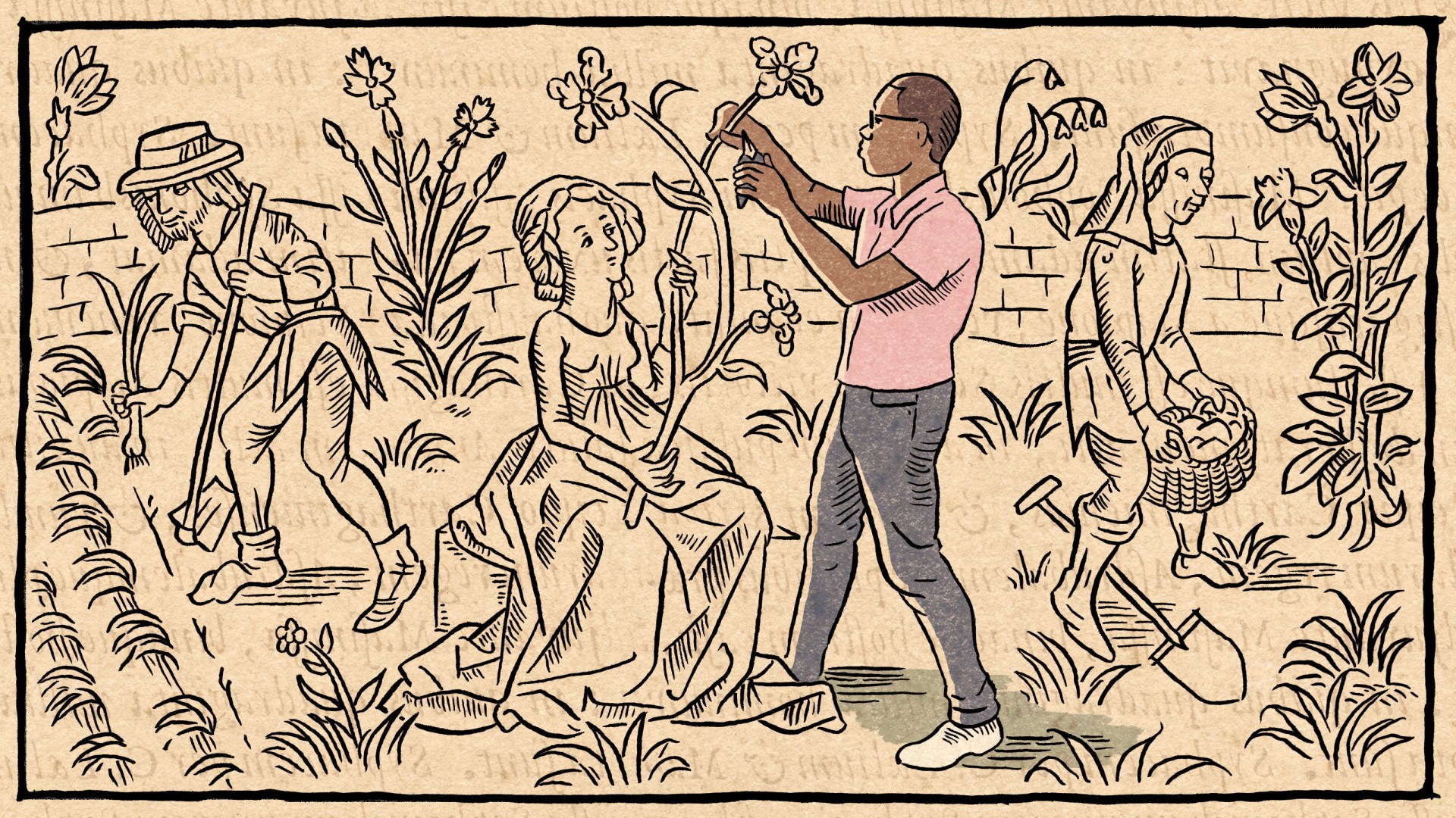 Illustration of an African-American man gardening alongside people from past generations