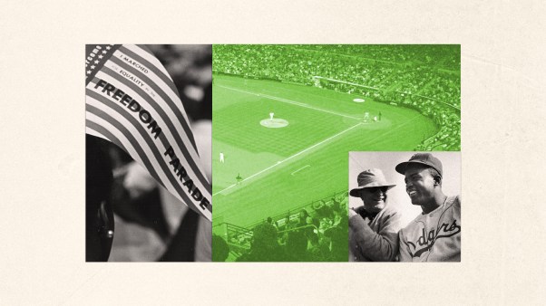 A collage photo of a baseball field, Branch Rickey, Jackie Robinson, and a civil rights march