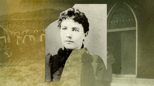 Laura Ingalls Wilder in front of coverd wagons and a church door
