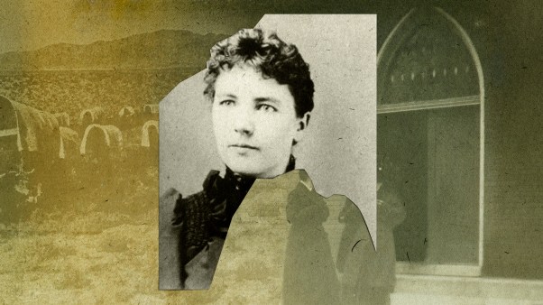 Laura Ingalls Wilder in front of coverd wagons and a church door