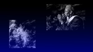 People sitting in smoke with a shaman praying