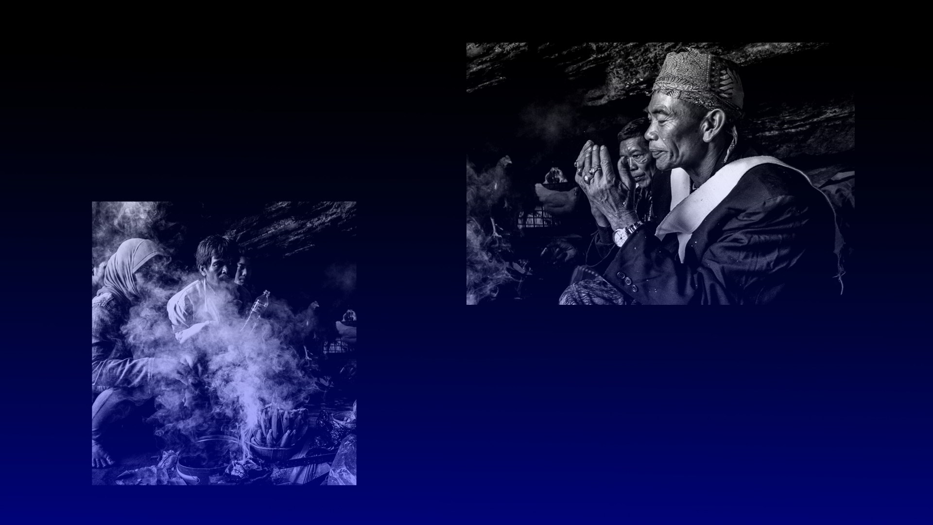 People sitting in smoke with a shaman praying