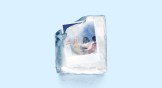 A photo of friends stuck in a melting block of ice.