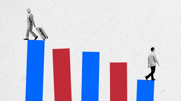 An old man with a suitcase walking on the tallest bar of the graph while a young man walks the opposite way on the smallest bar of the graph