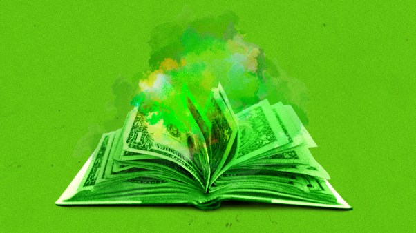 An open book with pages made out of dollar bills and stink clouds rising from it.