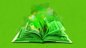 An open book with pages made out of dollar bills and stink clouds rising from it.