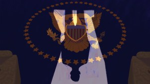 The shadow of a man over the presidential seal rug in the White House.