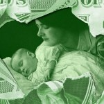 A torn dollar bill with an image of a mom and baby showing through.