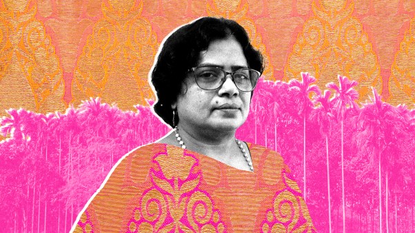 Martha Das in front of a sari pattern and some palm trees in Bangladesh