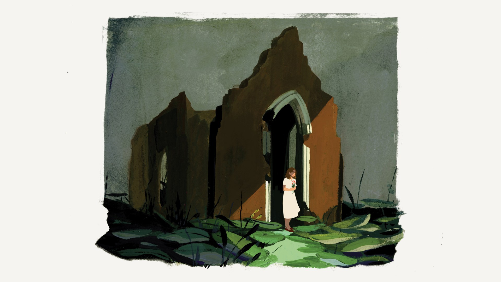 A young woman stands amidst the ruins of a church, gently holding a bouquet of flowers.
