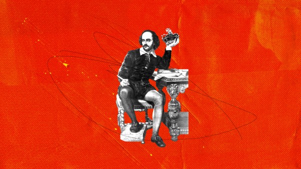 Shakespeare sitting at a desk holding a crown.