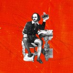 Shakespeare sitting at a desk holding a crown.