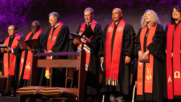 Global Methodist bishops join in singing.